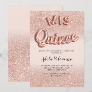 Rose gold glitter ombre balloons blush Quinceañera Invitation