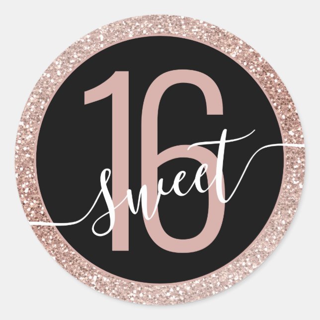Rose Gold Glitter Ombre Black Birthday Sweet 16 Classic Round Sticker (Front)