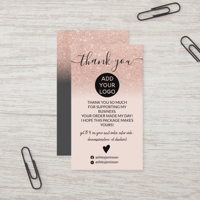 Rose gold glitter ombre blush order thank you business card (Front/Back In Situ)