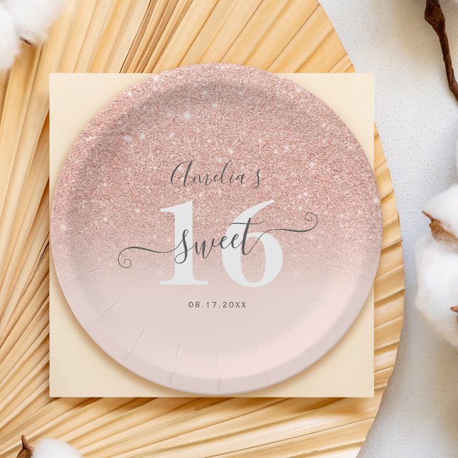 Rose gold glitter ombre blush pink script Sweet 16 Paper Plate (Rose gold glitter ombre blush pink script Sweet 16 Paper Plates)