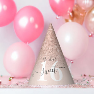 Rose gold glitter ombre blush pink script Sweet 16 Party Hat