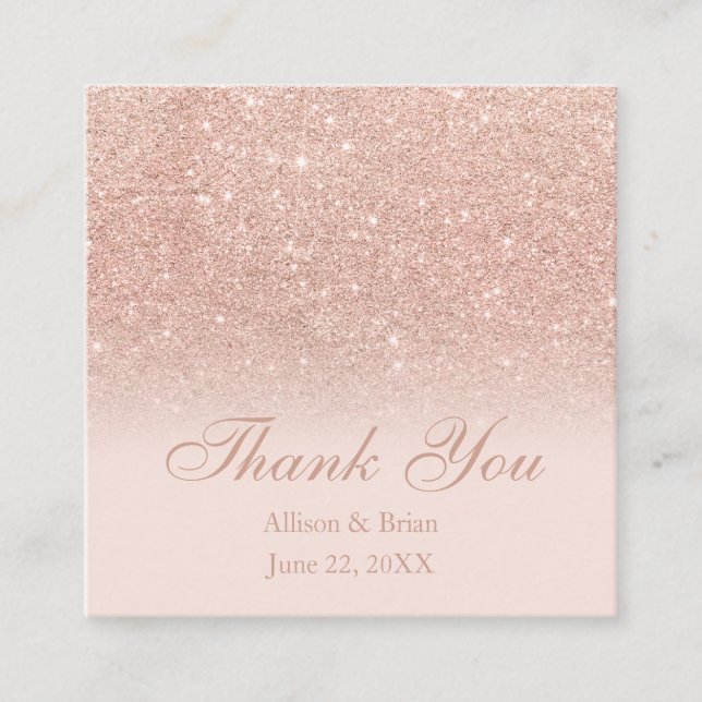 Rose gold glitter ombre blush thank you wedding square business card (Front)