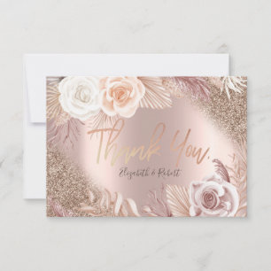 Rose Gold Glitter Ombre Boho Flowe Thank You Card