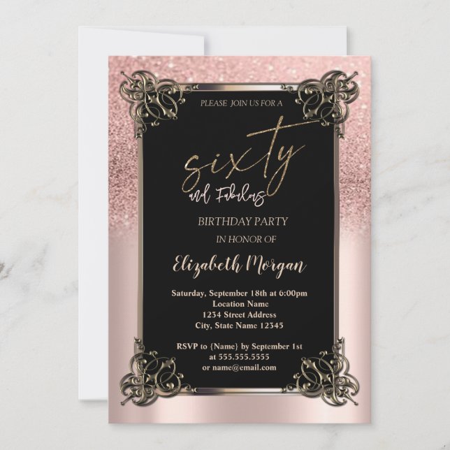 Rose Gold Glitter Ombre Border 60th Birthday Party Invitation (Front)