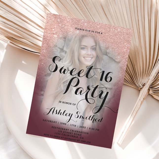 Rose gold glitter ombre burgundy photo Sweet 16 Invitation (Creator Uploaded)