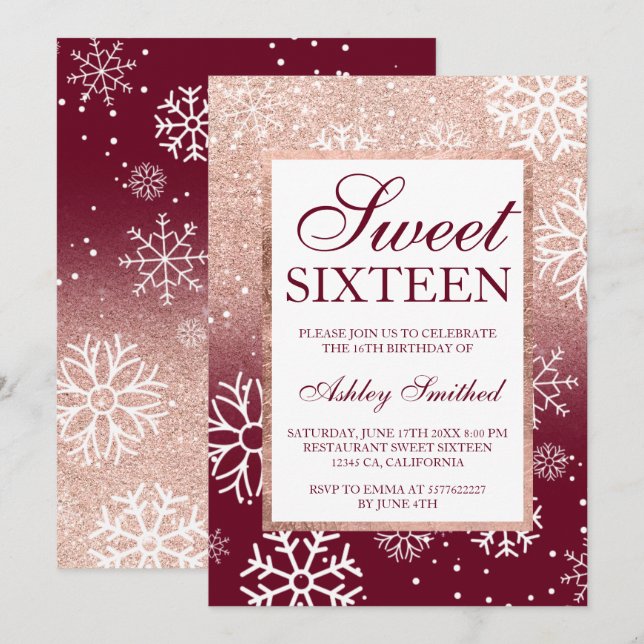Rose gold glitter ombre burgundy snow Sweet 16 Invitation (Front/Back)