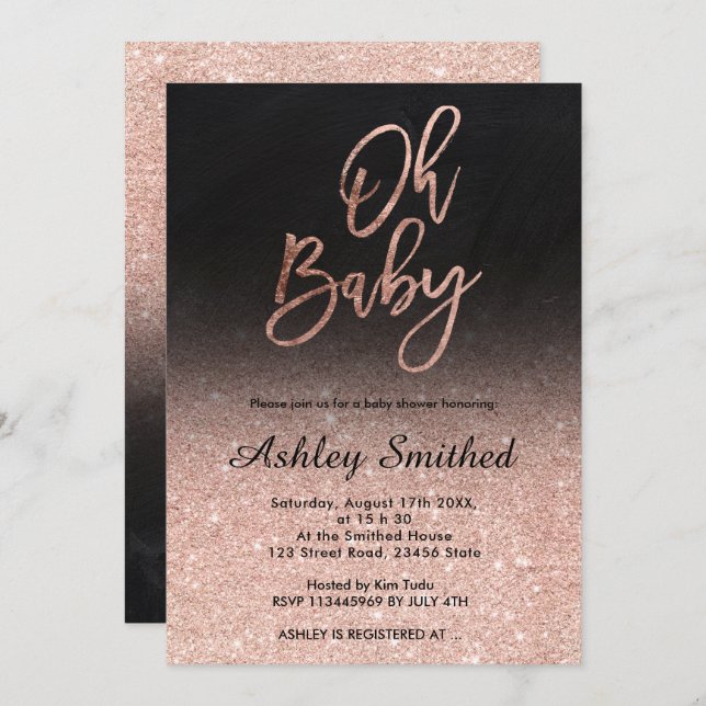 Rose gold glitter ombre chalkboard Oh baby shower Invitation (Front/Back)
