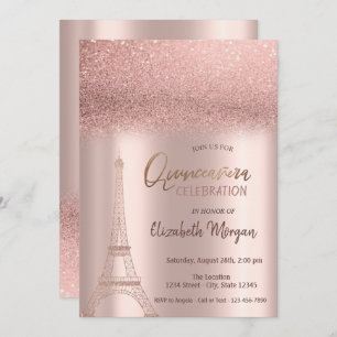 Rose Gold Glitter Ombre, Eiffel Tower Quinceanera Invitation