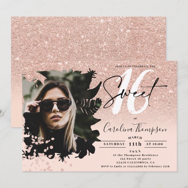 Rose gold glitter ombre floral pink photo Sweet 16 Invitation (Front/Back)