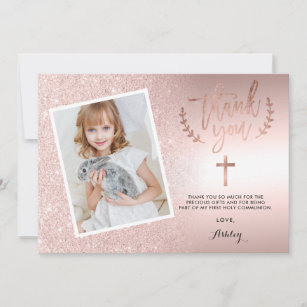 Rose gold glitter ombre foil first communion photo thank you card