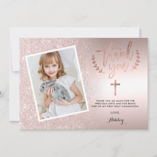 Rose gold glitter ombre foil first communion photo thank you card (Front)