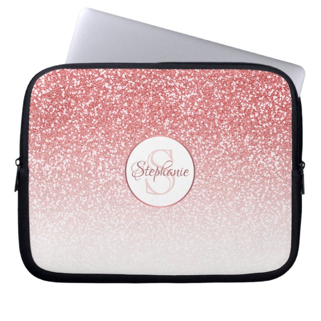 Rose Gold Glitter Ombre Foil Monogram Laptop Sleeve (Front)