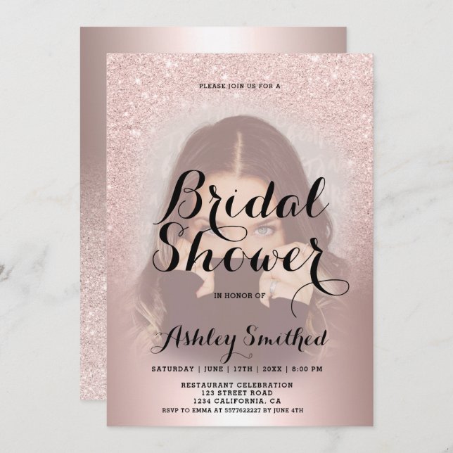 Rose gold glitter ombre foil photo bridal shower invitation (Front/Back)