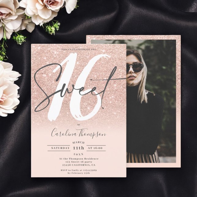 Rose gold glitter ombre font blush photo Sweet 16 Invitation (Rose gold glitter ombre font blush photo Sweet 16 Invitation)