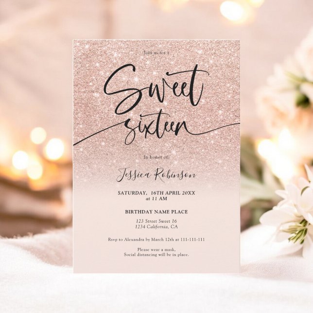 Rose gold glitter ombre girly pink Sweet 16 Invitation (Creator Uploaded)