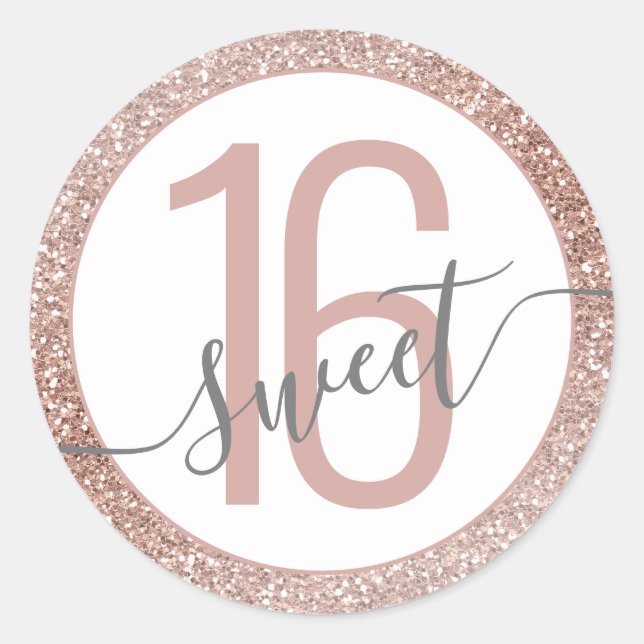 Rose Gold Glitter Ombre Grey Birthday Sweet 16  Classic Round Sticker (Front)