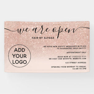 Rose gold glitter ombre logo blush pink We're open Banner
