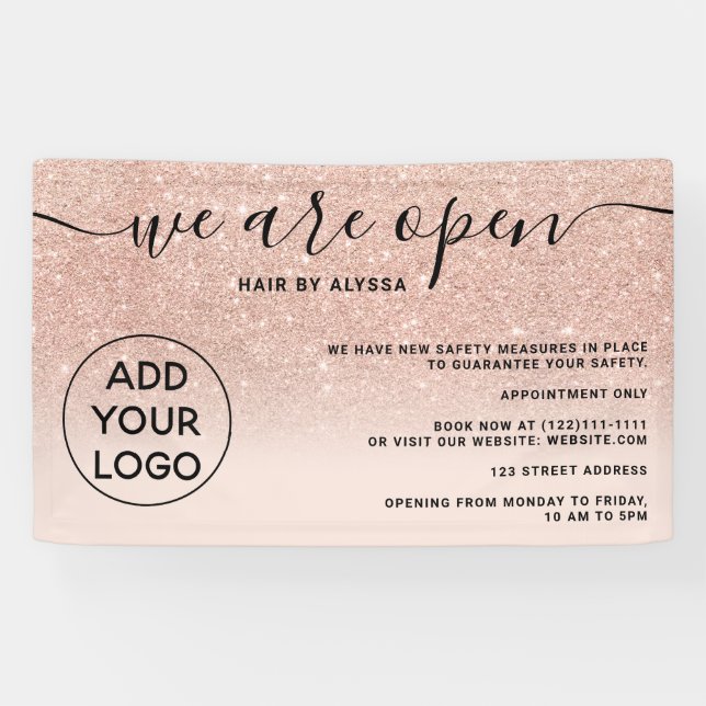 Rose gold glitter ombre logo blush pink We're open Banner (Horizontal)