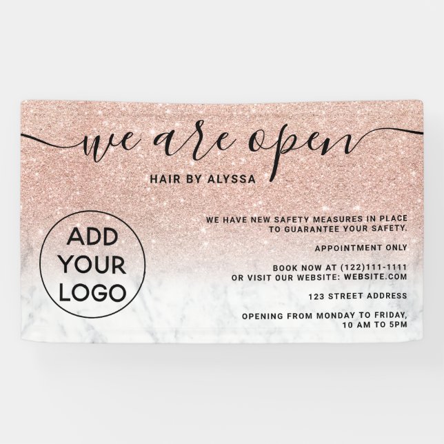 Rose gold glitter ombre logo marble We're open Banner (Horizontal)