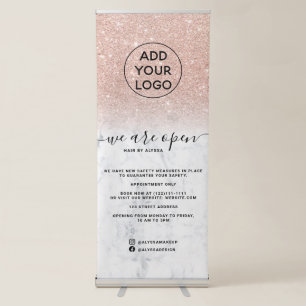 Rose gold glitter ombre logo marble We're open Retractable Banner