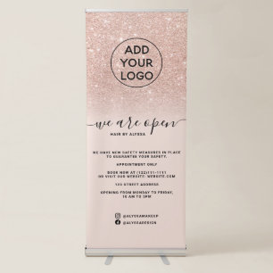 Rose gold glitter ombre logo pink We're open Retractable Banner