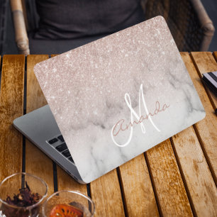 Rose Gold Glitter Ombre Marble Monogram HP Laptop Skin