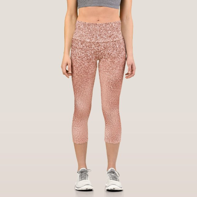 Rose Gold Glitter Ombre Metal Look Capri Leggings (Front)