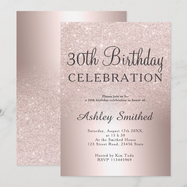 Rose gold glitter ombre metallic 30th birthday invitation (Front/Back)
