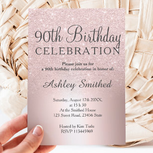 Rose gold glitter ombre metallic 90th birthday invitation
