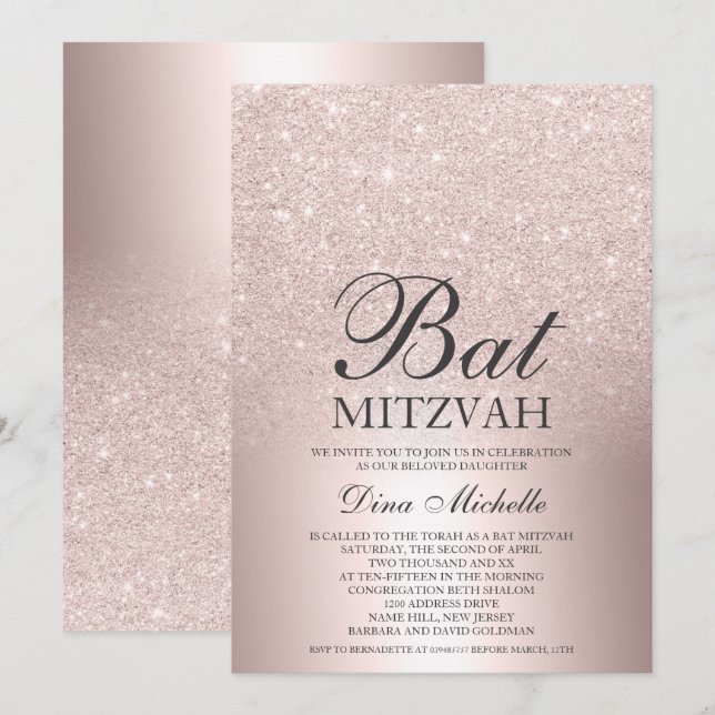 Rose gold glitter ombre metallic chic Bat Mitzvah Invitation (Front/Back)