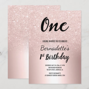Rose gold glitter ombre metallic first Birthday Invitation