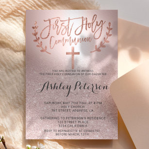 Rose gold glitter ombre metallic first communion invitation