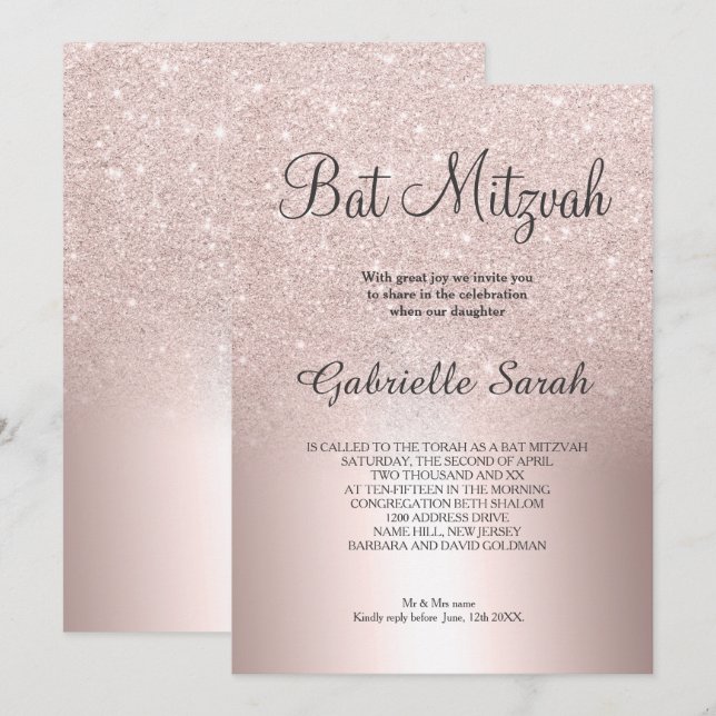 Rose gold glitter ombre metallic foil Bat Mitzvah Invitation (Front/Back)