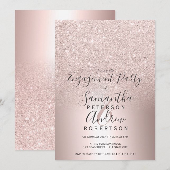 Rose gold glitter ombre metallic foil engagement invitation (Front/Back)