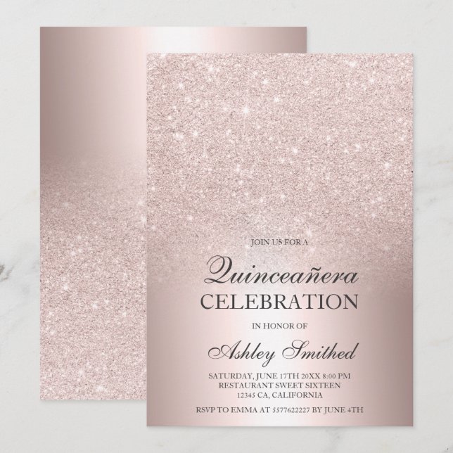 Rose gold glitter ombre metallic foil Quinceañera Invitation (Front/Back)
