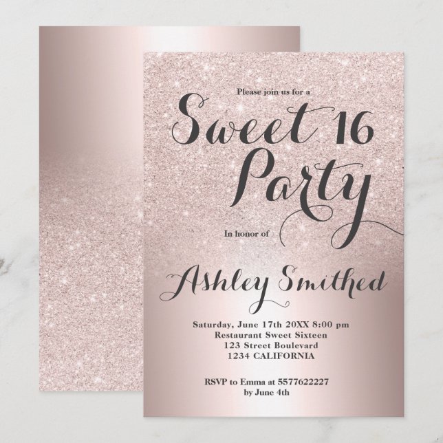 Rose gold glitter ombre metallic foil Sweet 16 Invitation (Front/Back)