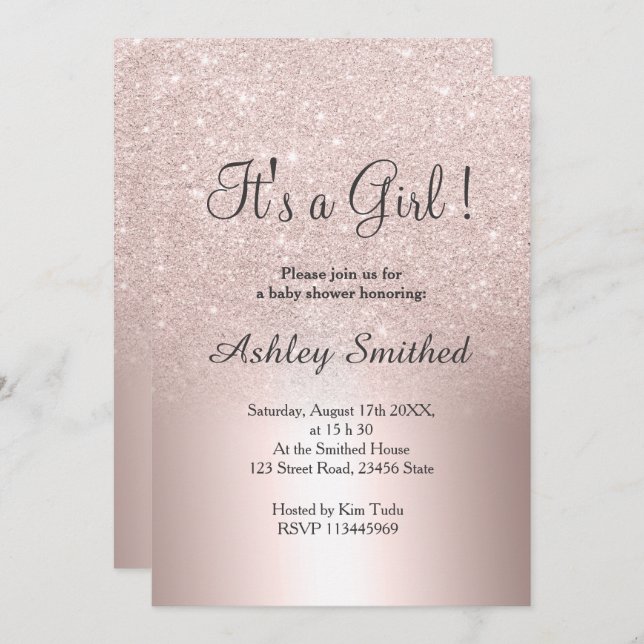 Rose gold glitter ombre metallic girl baby shower invitation (Front/Back)