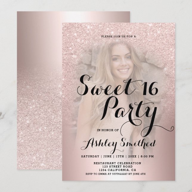 Rose gold glitter ombre metallic photo Sweet 16 Invitation (Front/Back)