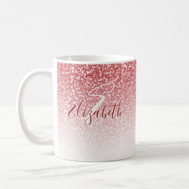 Rose Gold Glitter Ombre Modern Monogram Coffee Mug (Left)