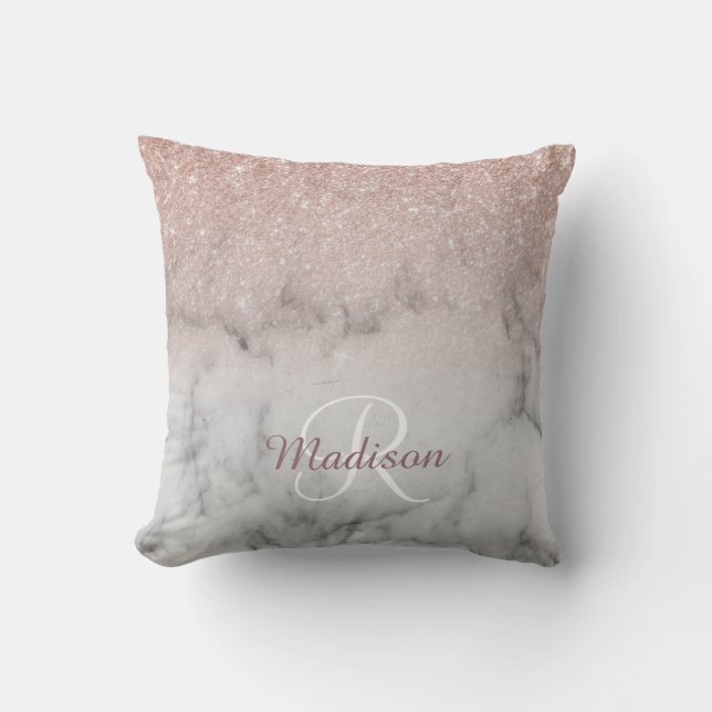 Rose Gold Glitter Ombre Monogram Marble Cushion (Front)