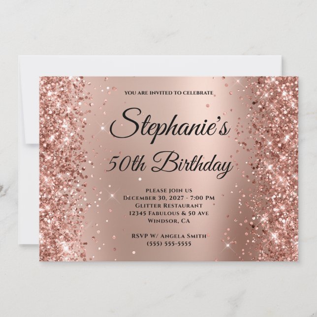 Rose Gold Glitter Ombre Monogrammed 50th Birthday Invitation (Front)