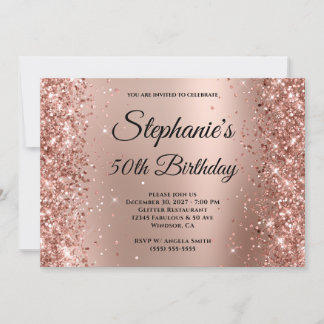 Rose Gold Glitter Ombre Monogrammed 50th Birthday Invitation