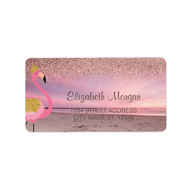 Rose Gold Glitter Ombre Pink Flamingo Beach Label (Front)