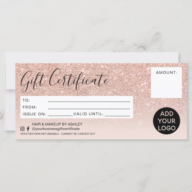 Rose gold glitter ombre pink gift certificate logo (Front)