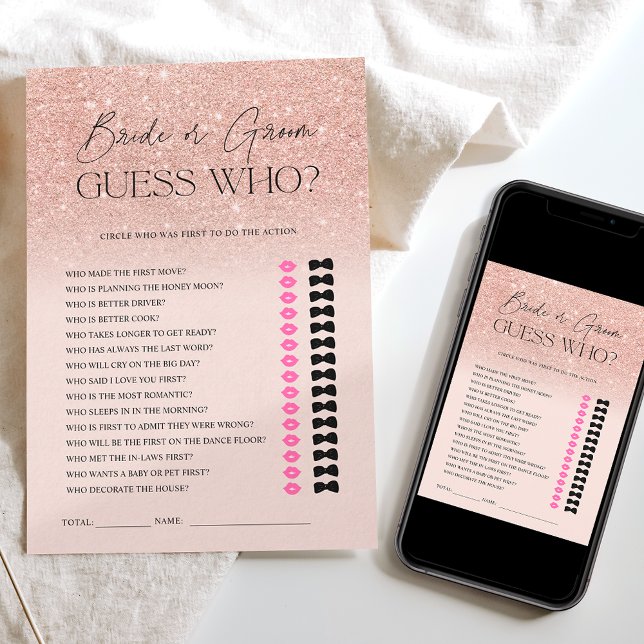 Rose gold glitter ombre pink guess Bridal game Invitation (Creator Uploaded)