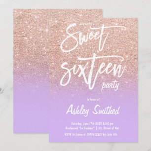 rose gold glitter ombre purple typography Sweet 16 Invitation