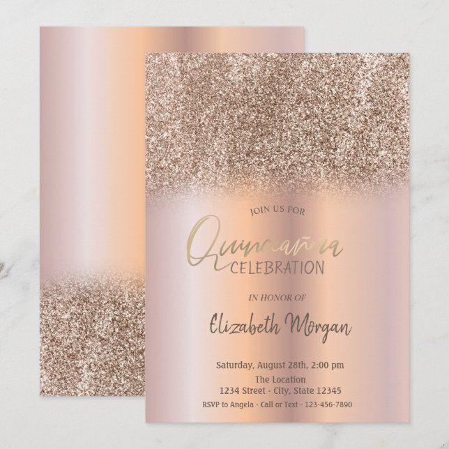 Rose Gold Glitter Ombre Quinceañera Invitation (Front/Back)