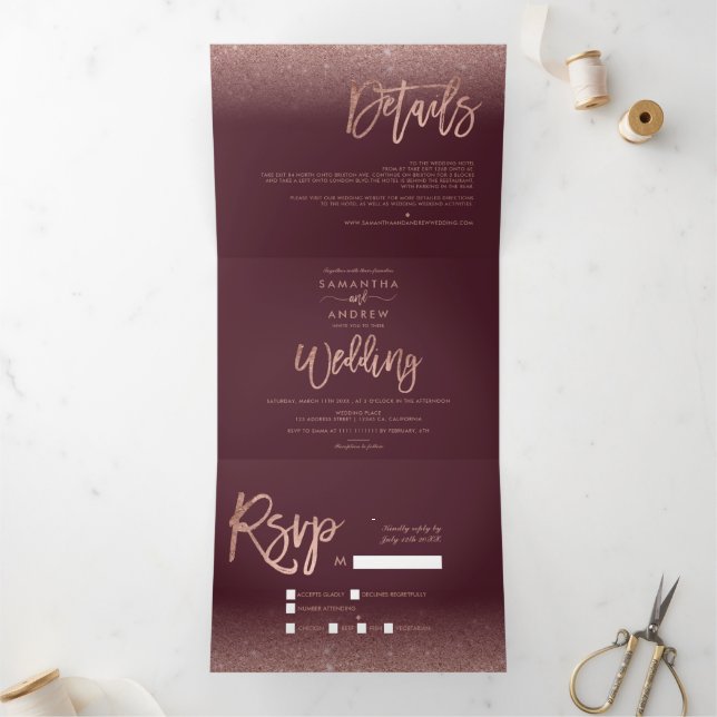 Rose gold glitter ombre red burgundy wedding Tri-Fold invitation (Inside)