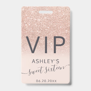 Rose gold glitter ombre script blush Sweet 16 VIP ID Badge