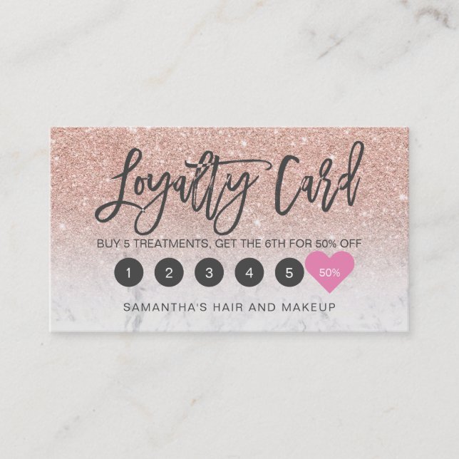 Rose gold glitter ombre script makeup marble loyalty card (Front)